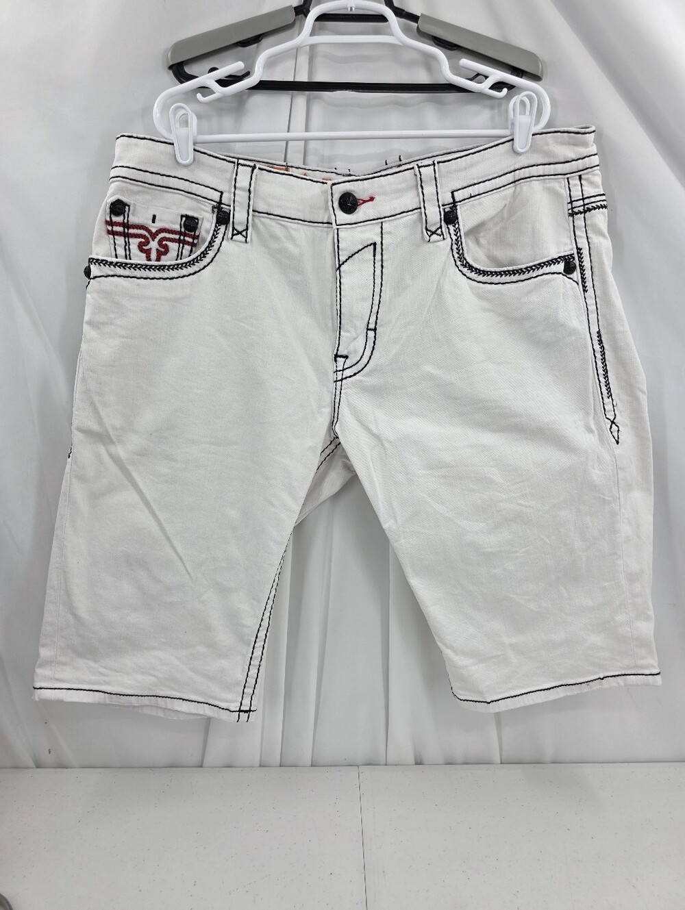 Rock Revival Stanley Denim Shorts Men's 40 White Red Embellishments Rare Stretch